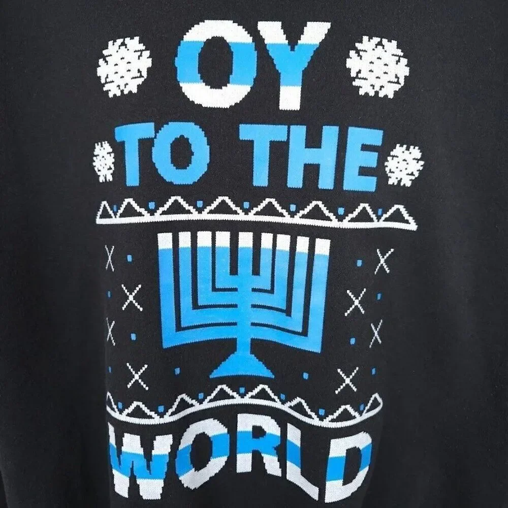 Oy To The World Hanukkah Sweatshirt Mens Size XL Black Holiday Ugly Christmas - Picture 3 of 6